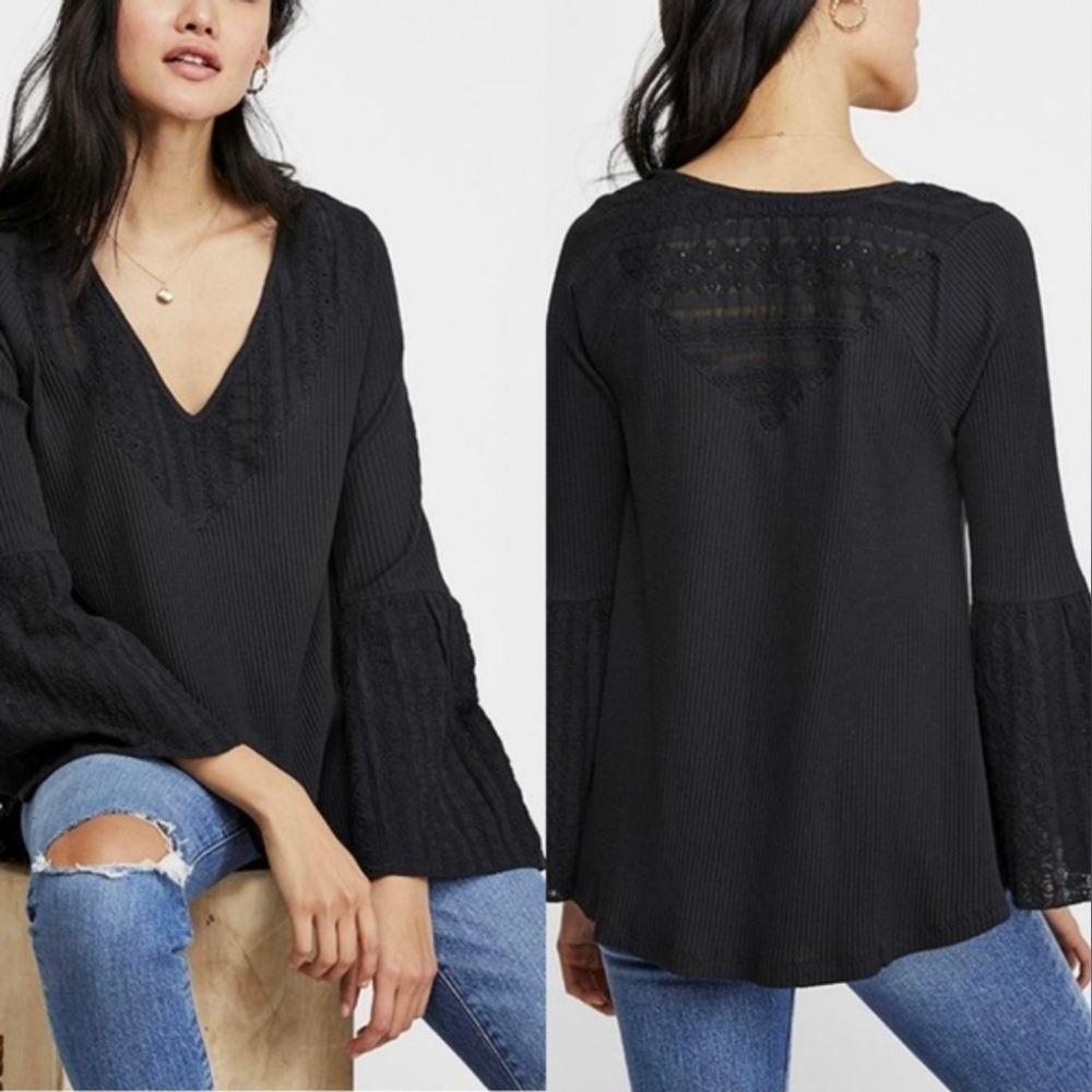 Free People Parisian Nights Boho Blouse Flare Sleeve Womens Small Oversized